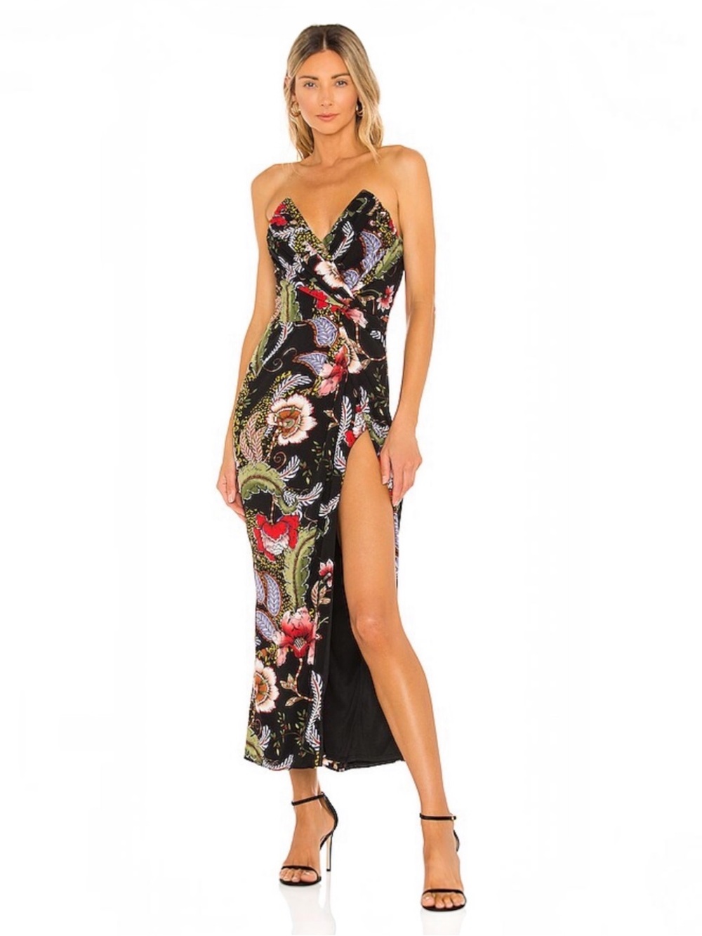 KATIE‎ MAY Strapless Black Floral Maxi Dress with High Slit